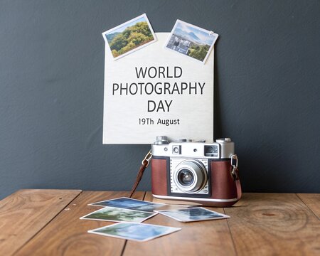 World Photography Day with Vintage Camera and Floating Photos, 19 August - Powered by Adobe