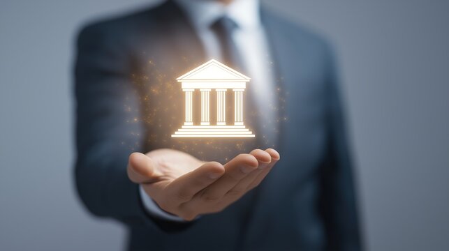 Fintech Meets Traditional Banking – Faceless Figure in Suit Holding Floating Glowing Bank Building Icon, Representing Financial Institutions, Digital Transformation, and Trust in Modern Finance

