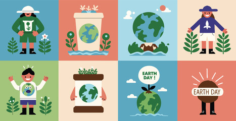 Fototapeta premium Flat Design Illustration Set Earth Day Nature Conservation People Green Planet