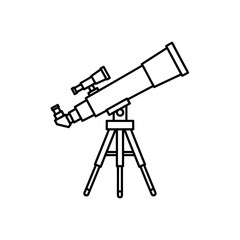 Outline illustration of a telescope mounted on a tripod, ready for observation.