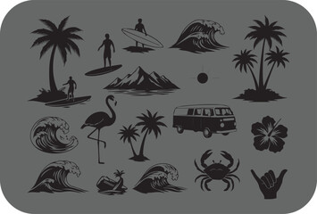 Tropical paradise silhouettes surfing flamingos palm trees and ocean waves for a beachy vibe