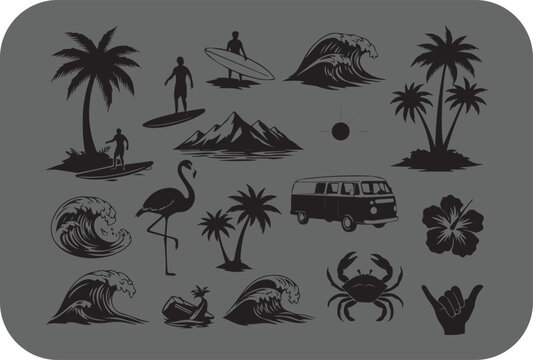 Tropical paradise silhouettes surfing flamingos palm trees and ocean waves for a beachy vibe