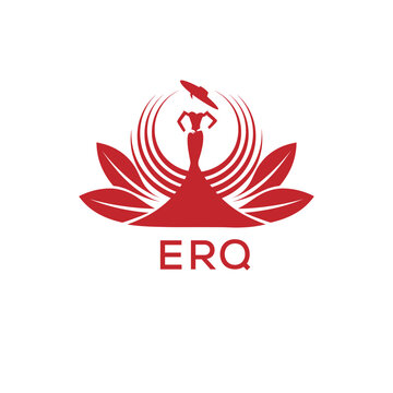 ERQ Letter Logo. ERQ Fashion Logo with Elegant Woman Silhouette, Hat, and Leaf Motif  Boutique, Beauty, or Event Branding Design.
