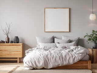A bed with a white comforter and pillows. A framed picture is on the wall