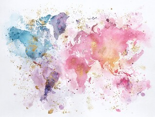 Fototapeta premium Abstract Watercolor World Map with Golden Splatters and Pastel Colors