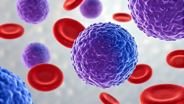 Illustration of leukemia cells, also known as lymphocytic leukemia, a type of cancer that affects the blood and bone marrow, causing an overproduction of abnormal white blood cell