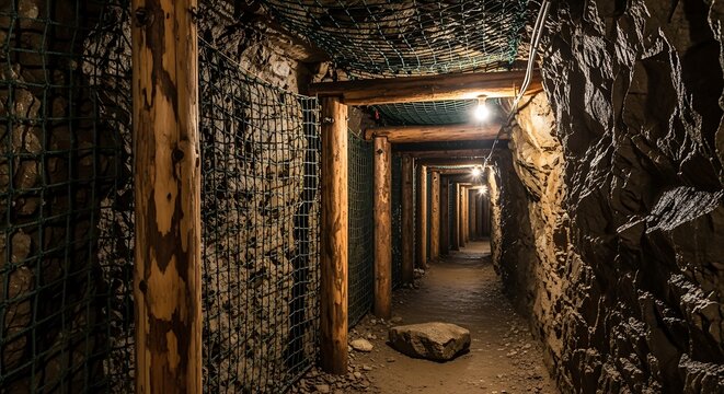 Historic underground mining tunnel illuminated by dim lights and reinforced with wooden beams, showcasing industrial heritage.