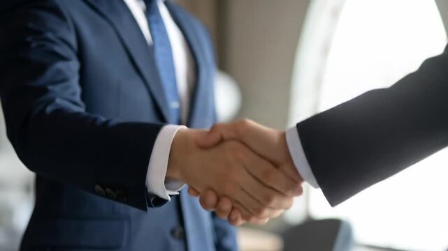 Close Up of a Business Handshake Between Two Individuals in Dark Blue Suits in Office Setting