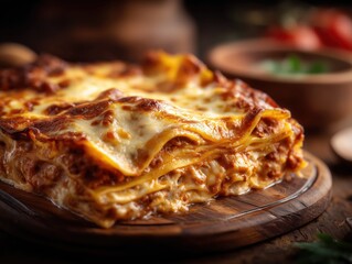 Authentic homemade Italian lasagna with golden melted cheese in cozy rustic kitchen setting – perfect for food blogs, recipe content, editorial use, food magazine, advertisting, promotion