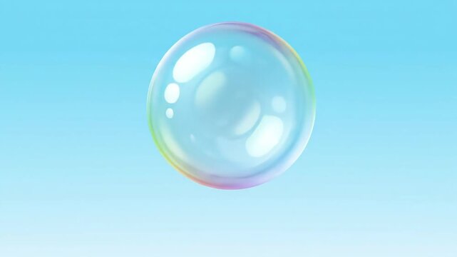 A beautiful single iridescent soap bubble floating serenely in a clear blue sky, a delicate sphere reflecting rainbow colors.