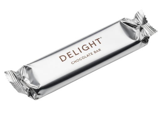 A silver-wrapped chocolate bar labeled 'DELIGHT' on a transparent background. The bar is neatly packaged with a shiny finish, emphasizing its appealing design.