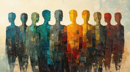 Abstract figures composed of shapes, lines, and fragmented forms to create non-literal representations of the human body in conceptual, symbolic, or modern abstract artistic compositions.