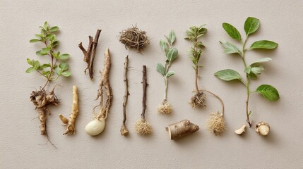 Variety of plant cuttings and roots displayed on neutral background
