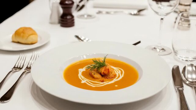 Gourmet lobster bisque soup served on an elegant fine dining table setting with a white tablecloth and silverware.