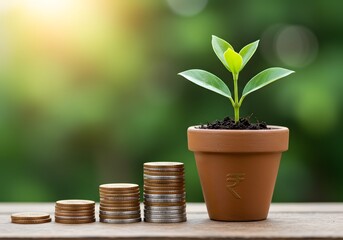 Photo of a small green plant growing in a pot next to stacks of coins, symbolizing financial growth and investment
