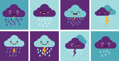 Fototapeta premium Flat Design Illustration Set Cute Weather Clouds Icons Climate