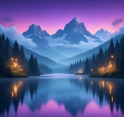 Obraz premium Magical Lake in a Mountain Valley at Dusk