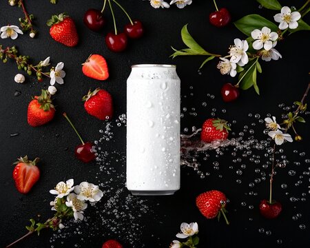 Strawberry, rusberry and cherry surrounding a white soda can mockup photo 