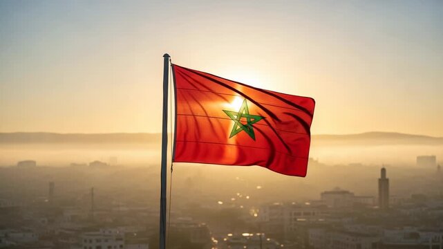Waving Moroccan flag against a beautiful sunrise sky. View over a misty city in Morocco.