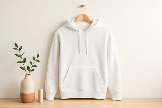 Mockup realista de um moletom branco pendurado em um cabide de madeira, visto de frente, sobre uma parede branca.  estilo fotografia de produto clean e sofisticada