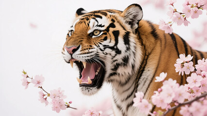 Majestic tiger snarl with delicate cherry blossoms foreground.