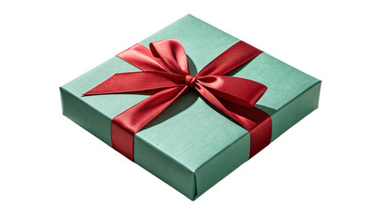 Sophisticated teal gift box tied with a red satin bow ready for holiday celebrations and special occasions