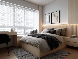 Modern Scandinavian bedroom interior with light oak platform bed, grey bedding, floating desk and large window, cozy minimalist design, real estate and home decor visuals, bedroom inspiration design