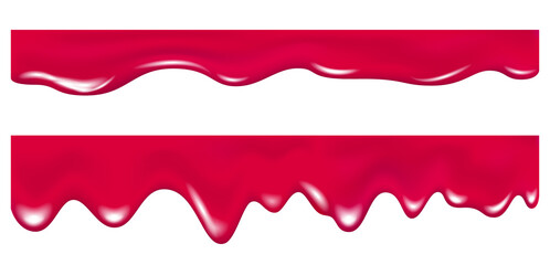 Realistic pink drip cream drops, marmalade, jelly or yogurt border.