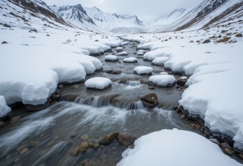 Close up Patches Forming Ice Stepping Stones Across A Mountain Stream