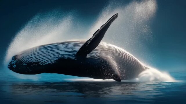 Dark whale leaping in moody ocean scene