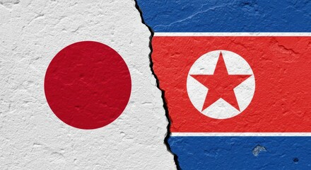 Symbolic Divide: A visual representation of the geopolitical landscape, as the flags of Japan and North Korea are separated by a crack in a weathered wall. Reflecting concepts such as division.