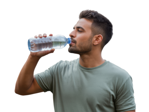 Man Drinking Water from Plastic Bottle Outdoors
