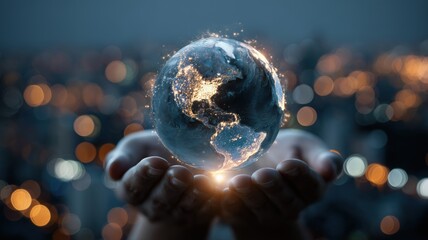Holding Glowing Digital Globe World with Network Connections in Open Hand bokeh big city lights in the background