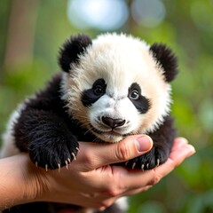 Adorable baby panda in human hands