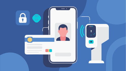 Secure access system featuring face recognition on smartphone and entry device illustration