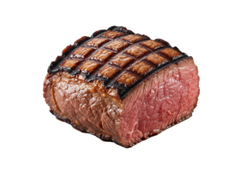 Perfectly seared, succulent Churrasco beef with crispy charred exterior, grill marks, and juicy pink interior, glistening against a pristine transparent background, Concept for commercial food