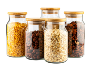 Set of eco-friendly refillable glass jars with bamboo lids, isolated on a transparent background