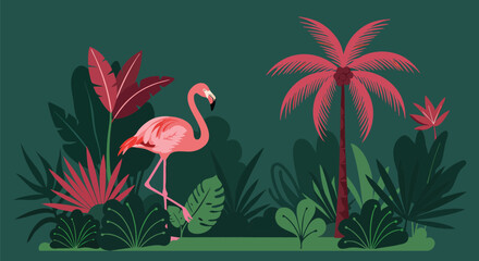 Naklejka premium Summer Tropical Flamingo Flat Design Illustration Set