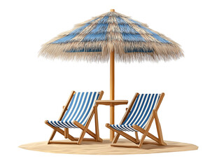 straw beach umbrella with beach chair, cutout PNG
