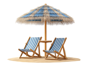 straw beach umbrella with beach chair, cutout PNG