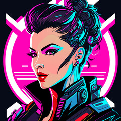 A bold cyberpunk portrait of a woman with pink and blue hair, featuring intricate glowing cybernetic details and a futuristic design.