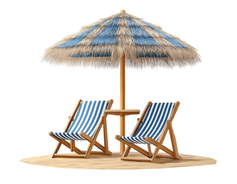 straw beach umbrella with beach chair, cutout PNG