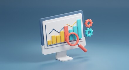 3d render of a computer screen showing data analysis and business analytics concepts