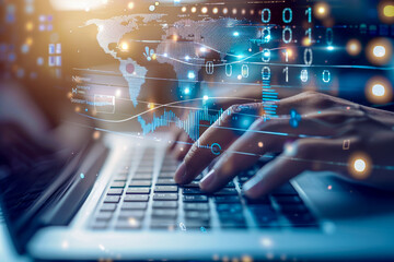 Businessman working on laptop with global network and data analysis hologram