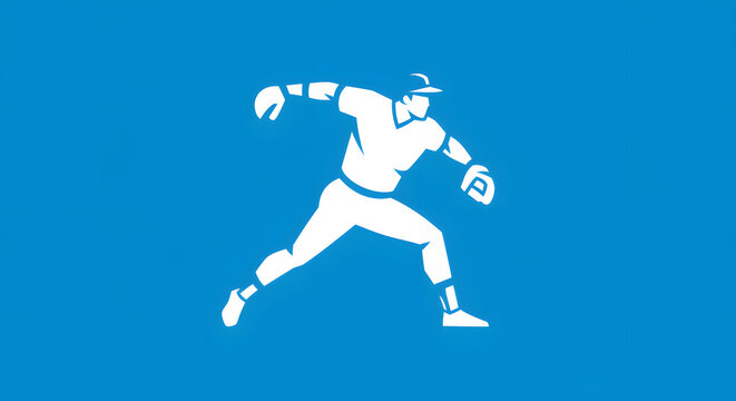 A stylized white graphic of a baseball player in a dynamic throwing motion against a solid blue background. - Powered by Adobe