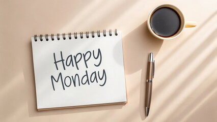 A notebook with happy monday message, coffee and pen on a bright desk