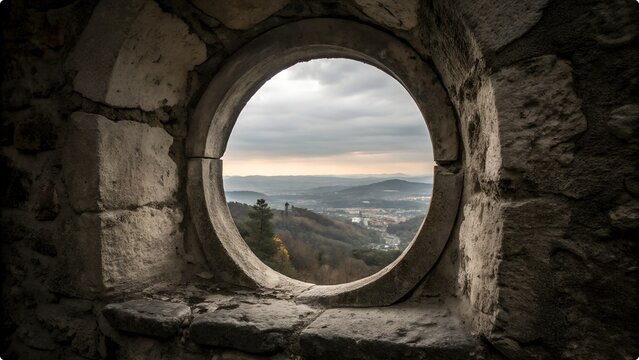 Vector art of view of the city through a round stone window in an old building