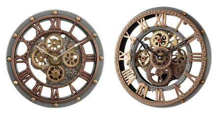 steampunk inspired clock featuring intricate gears on transparent background