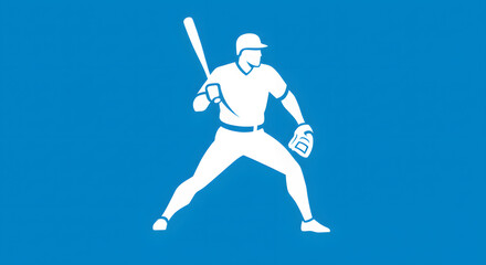 A white graphic icon of a baseball player in a batting stance, holding a bat and wearing a mitt on a solid blue background.
