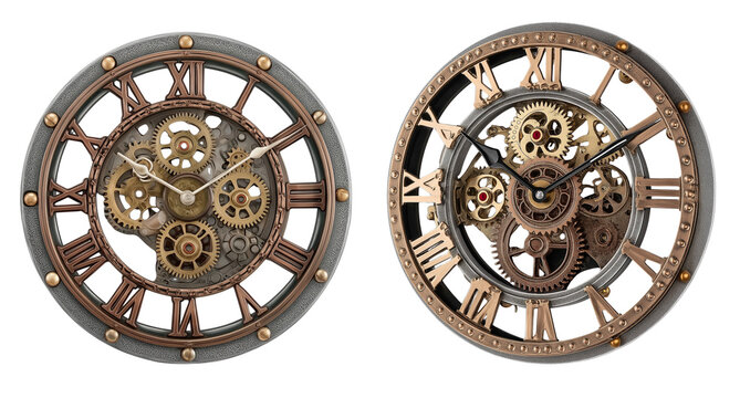 steampunk inspired clock featuring intricate gears on transparent background